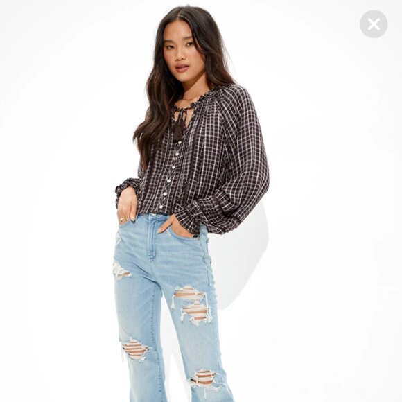 AE Plaid Button-Up Long Sleeve Blouse XXL - Picture 1 of 14